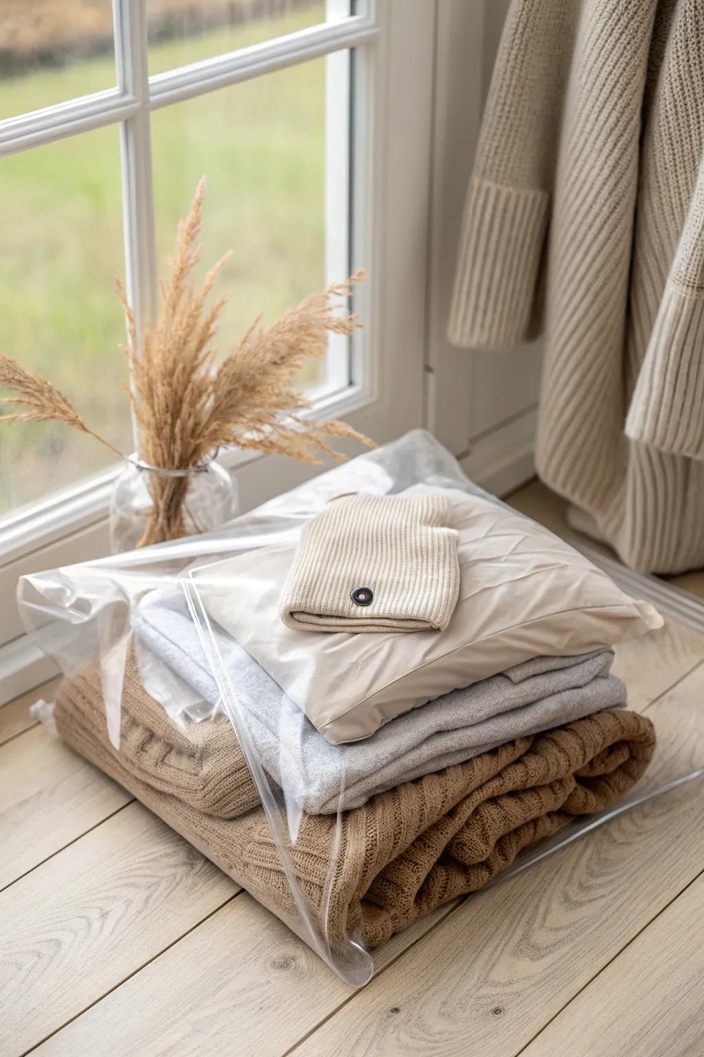 Save dorm space fast: compress off-season knits into sleek bags and stash them under the bed.