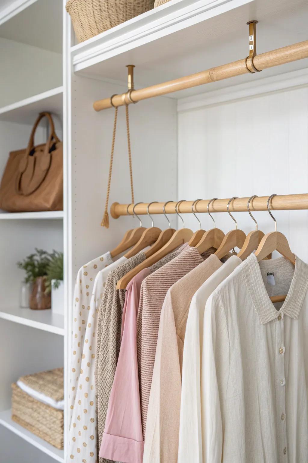 Double your hanging space with a chic closet rod extender—goodbye dorm closet chaos.