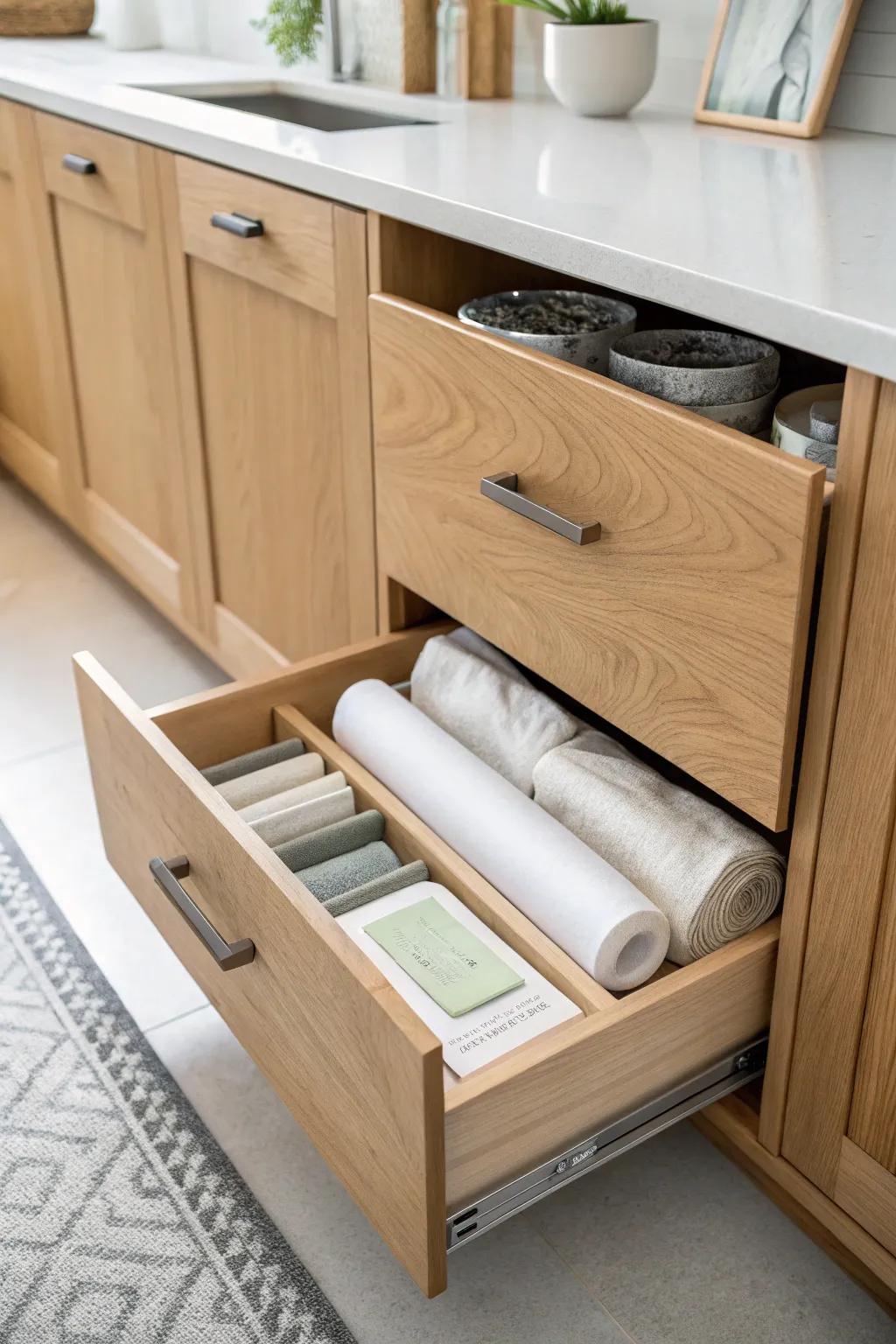 A hidden toe-kick drawer: extra storage for flat essentials without taking up cabinet space.