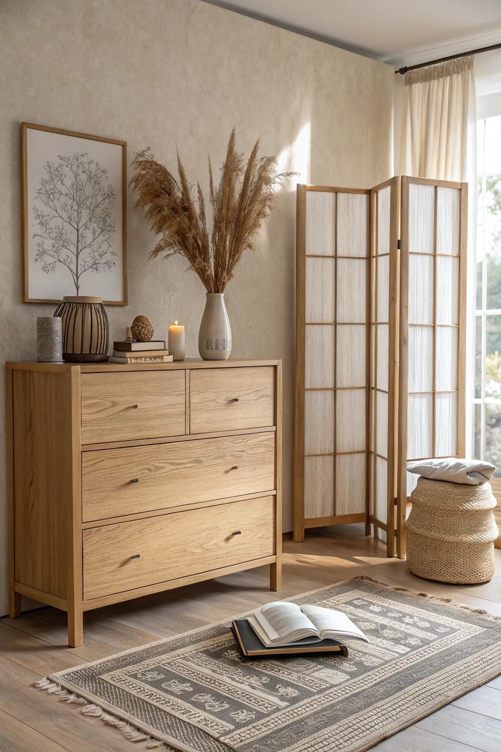 Float a slim oak dresser to divide a studio—style the back with books and a tray.