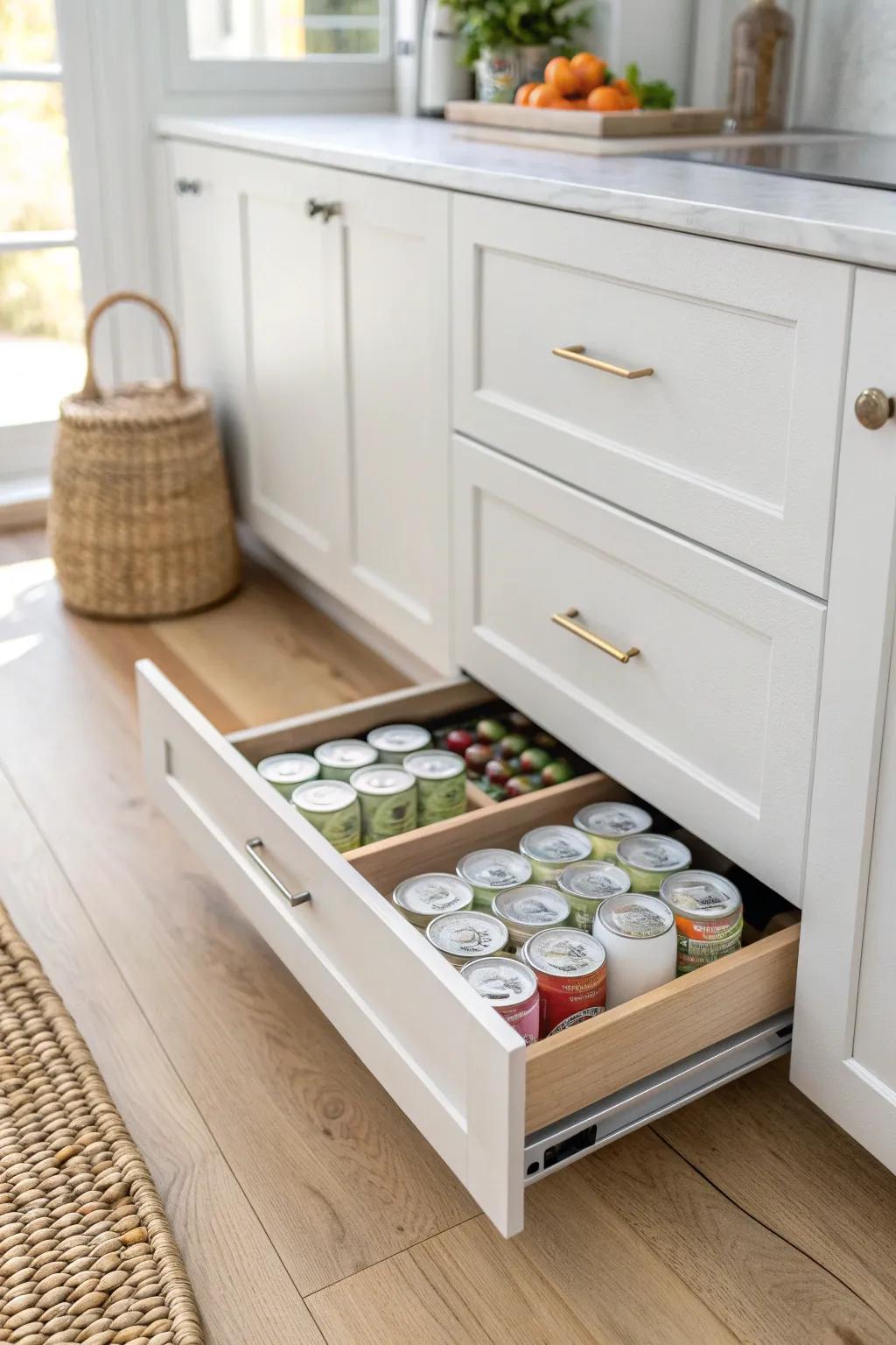 A hidden toe-kick can drawer that stores drinks without stealing a single cabinet inch.