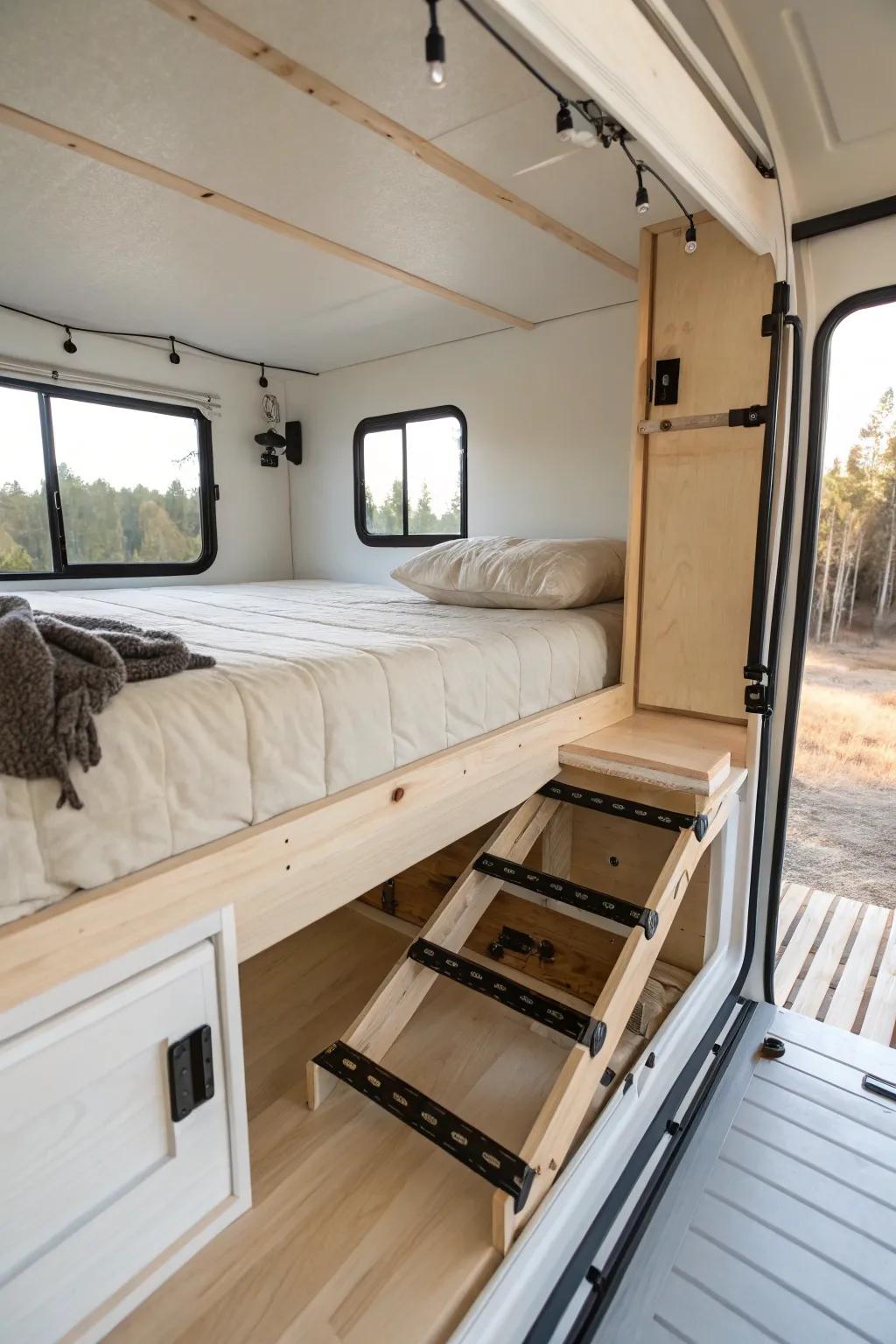 Toy hauler garage-under-bed: raise the E-track bed for rolling gear below, sleep above.