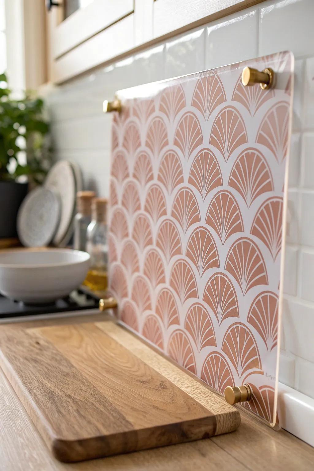 Swapable art backsplash: patterned paper behind clear sheet—wipeable, chic, renter‑friendly.
