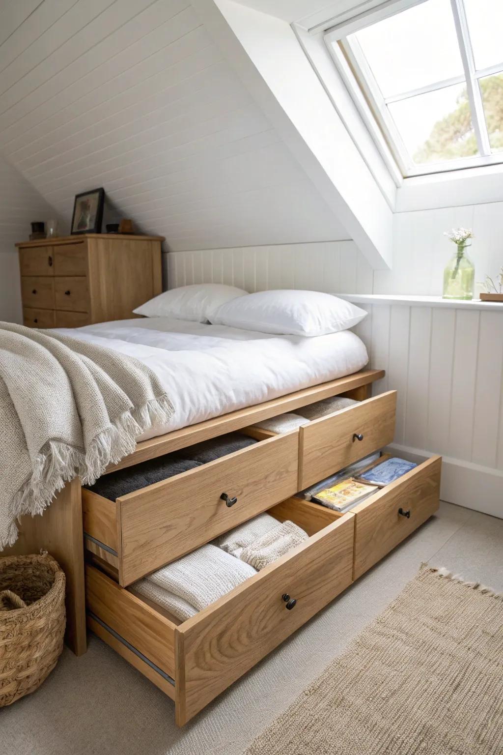 Deep under-eaves linen drawers keep bulky bedding tidy, close at hand, and off the chair.