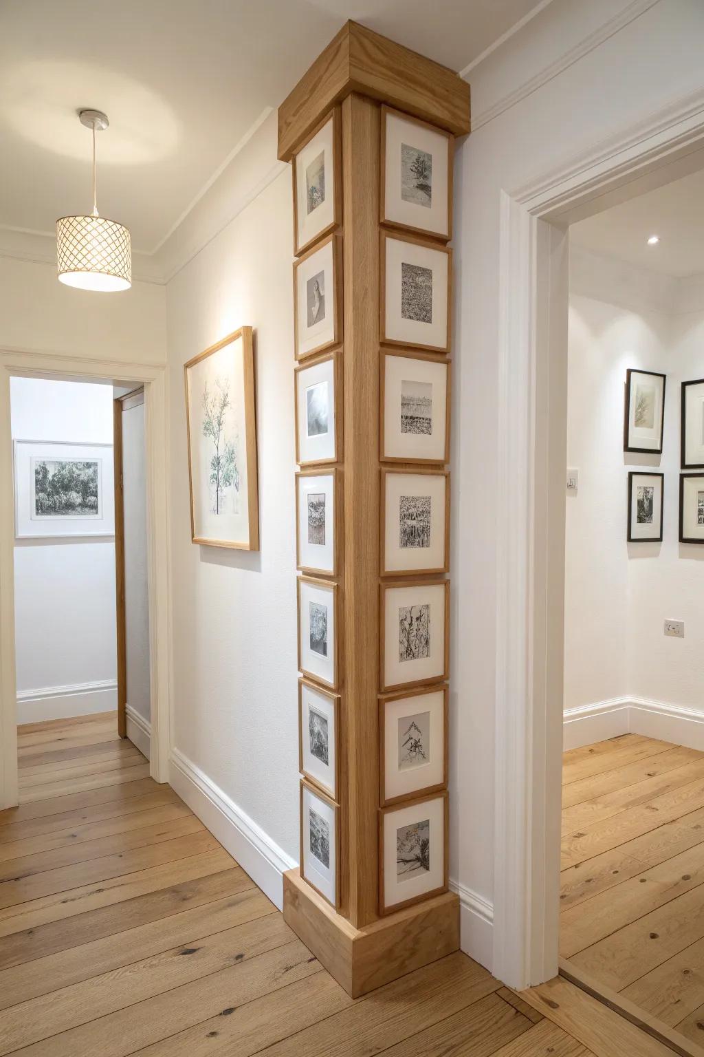 A slim vertical gallery wall draws the eye up—making the hallway feel taller and calmer.
