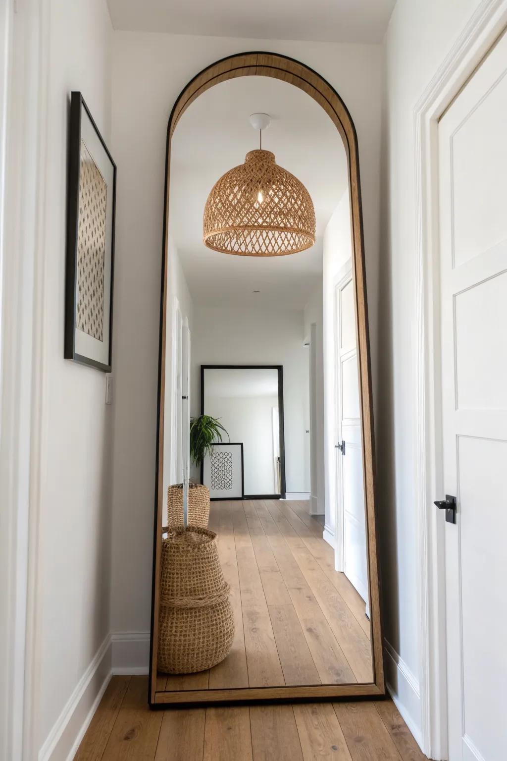 End-of-hallway mirror catching a sculptural pendant—instant brightness for narrow spaces.