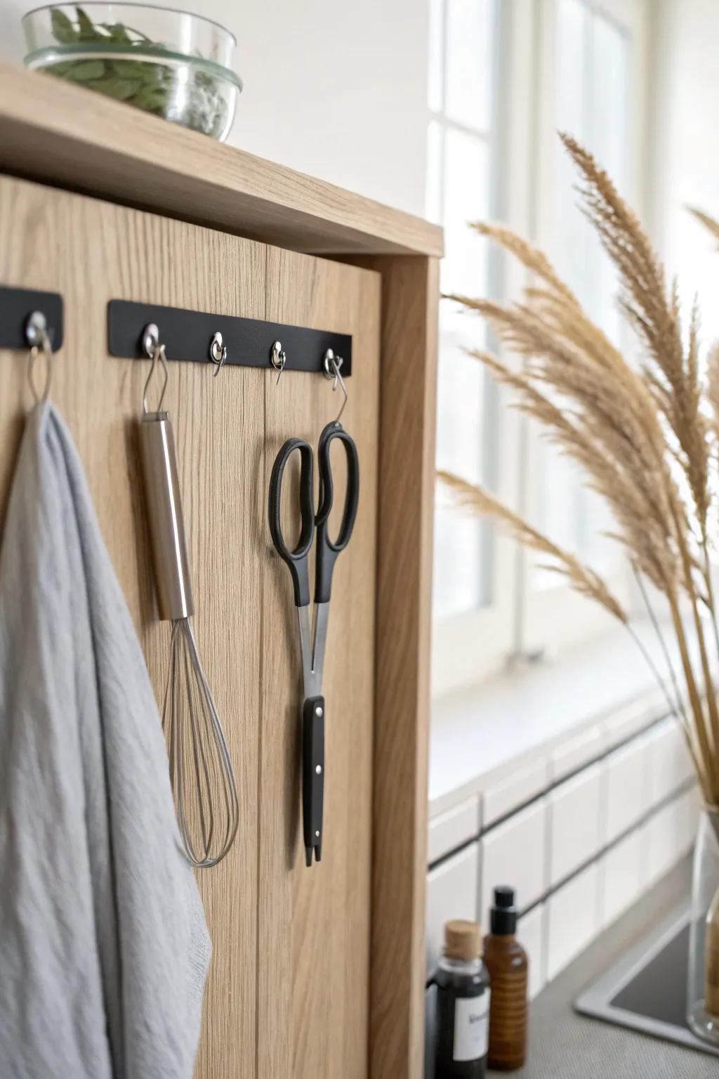 A magnetic strip on the cabinet end keeps metal tools tidy—and frees up drawer space.