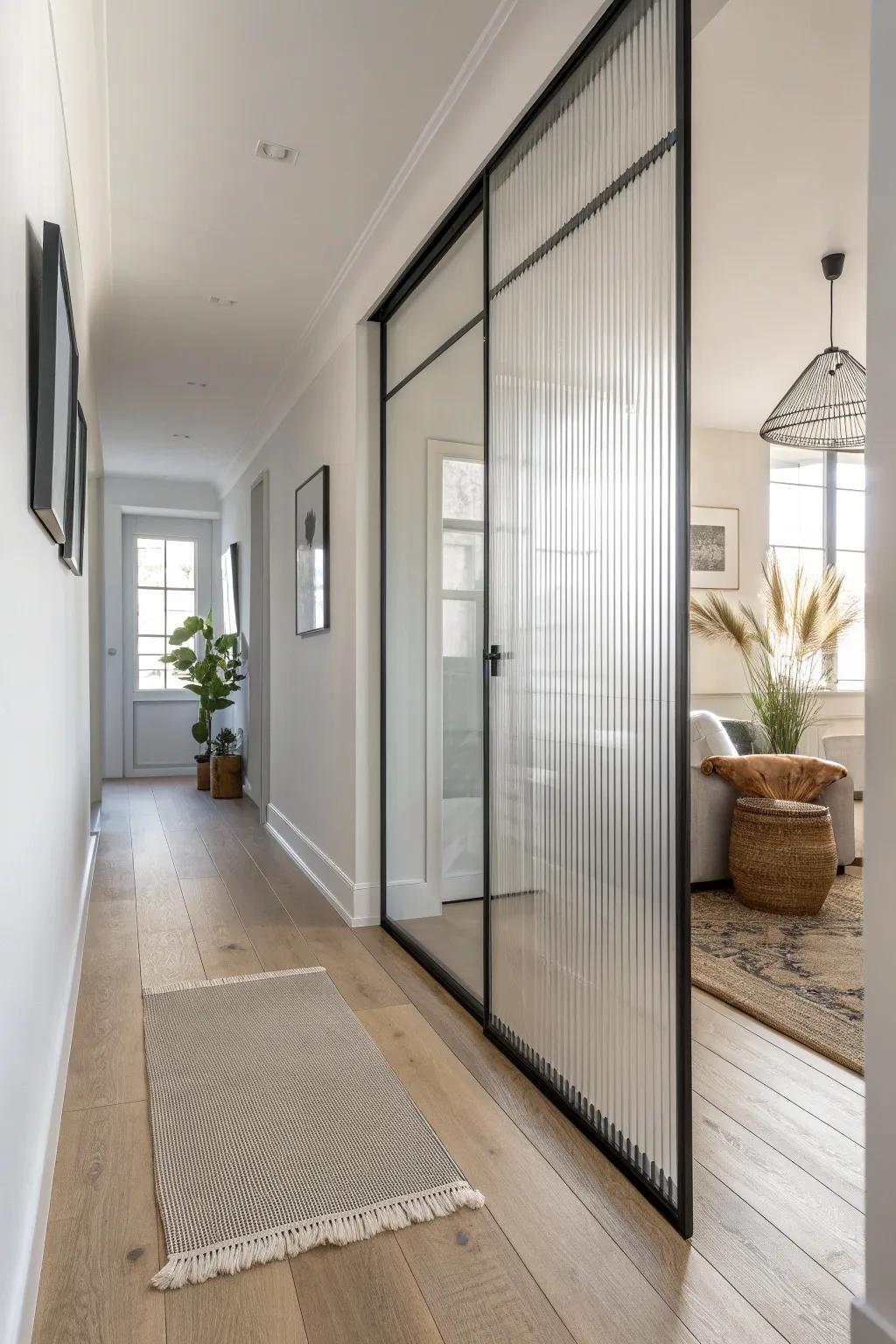 A slim glass partition brightens a narrow entry while keeping a crisp, modern divide.