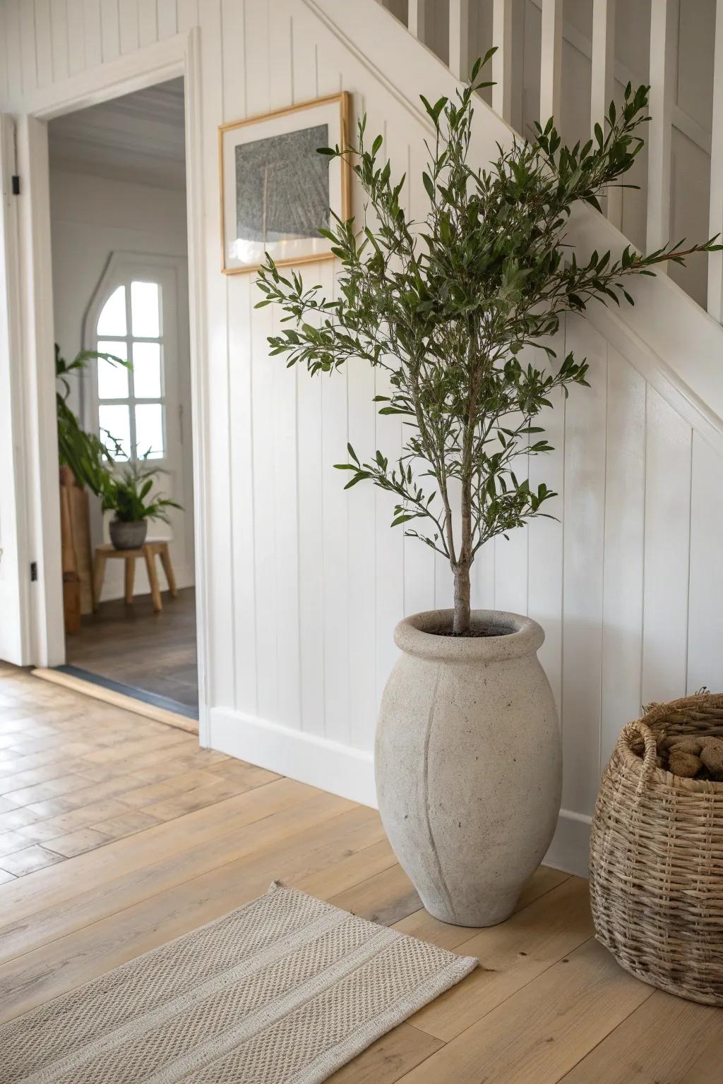 A tall leafy vase adds height and calm to tiny entryway corners—no clutter, just softness.
