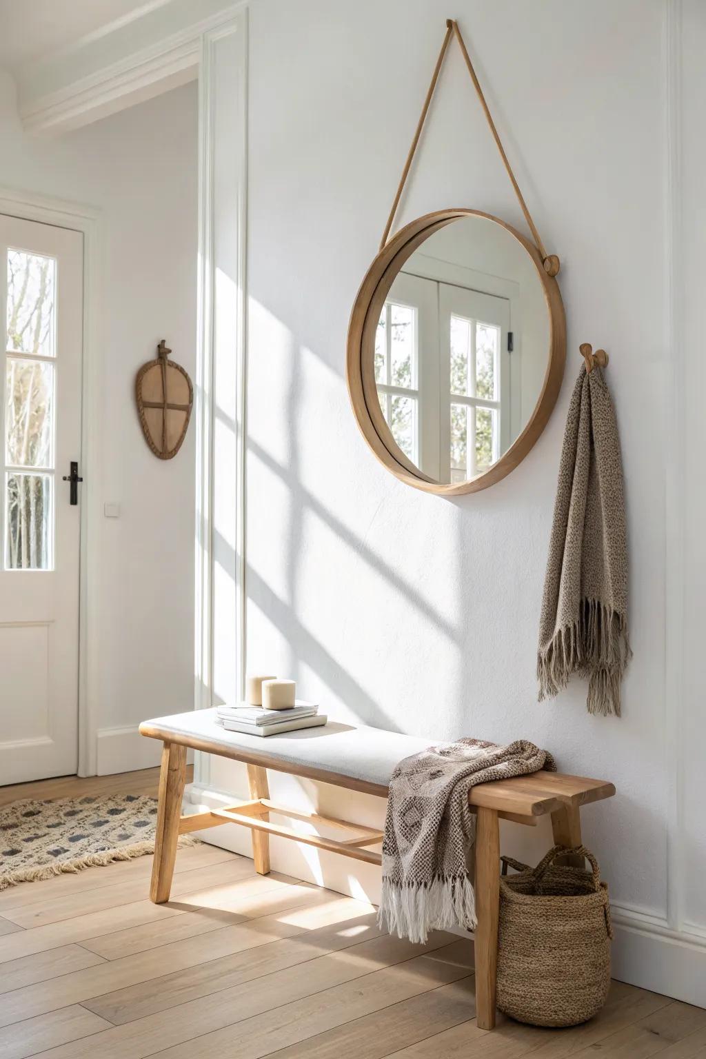 An off-center round mirror above a simple oak bench—modern, artsy, and effortless.