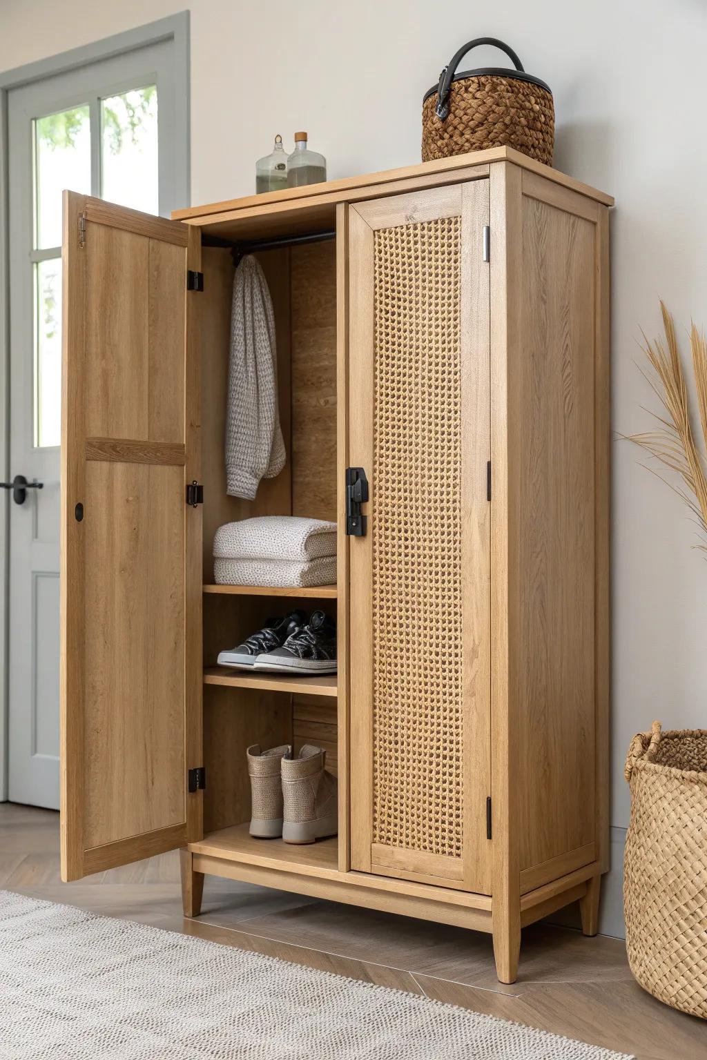 A sleek entryway cabinet with a hidden cleaning kit—wipe, roll, brush before dirt travels inside.