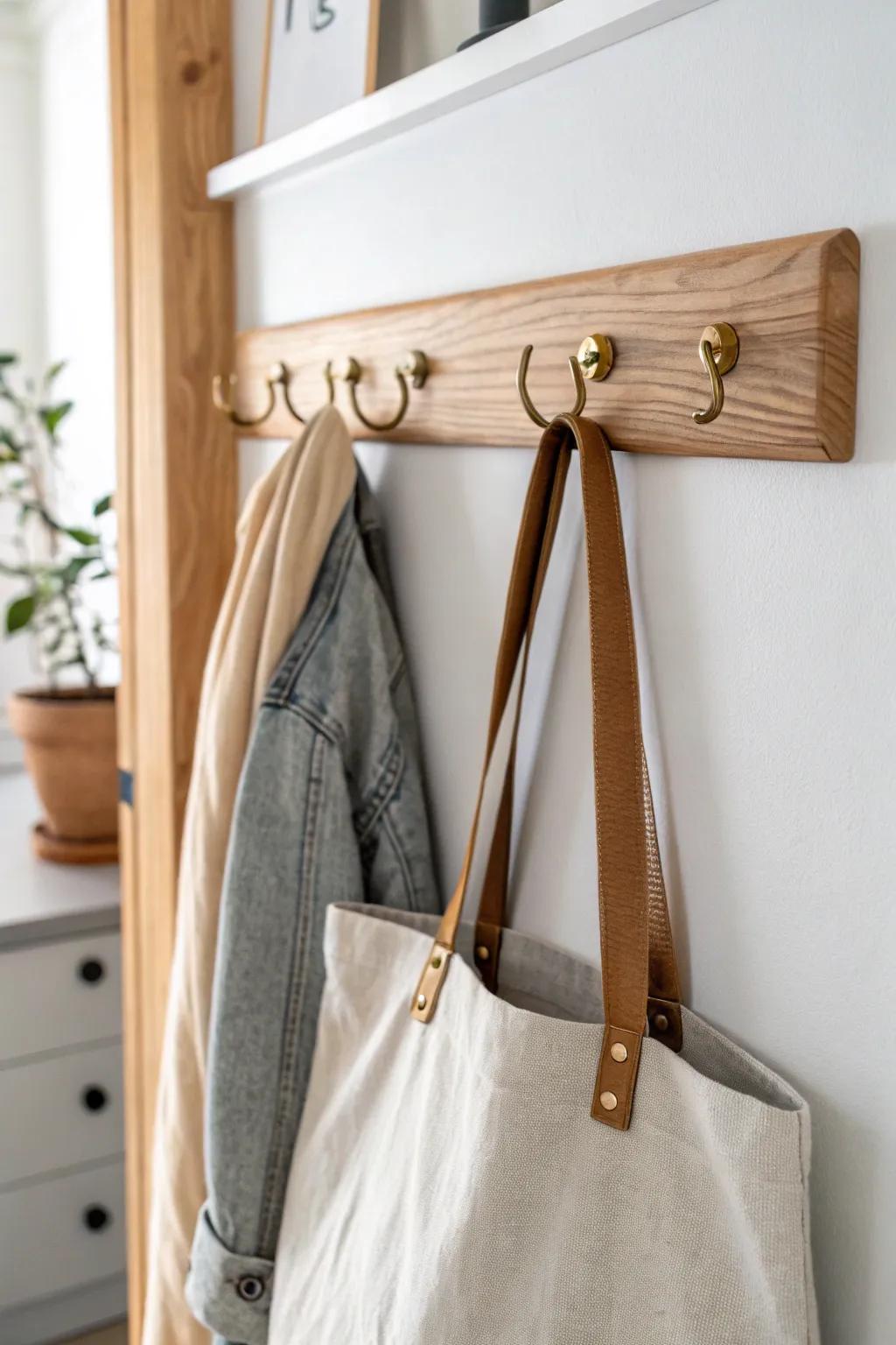 A simple wall rail gives every bag a parking spot—no more slumped piles in the entryway.