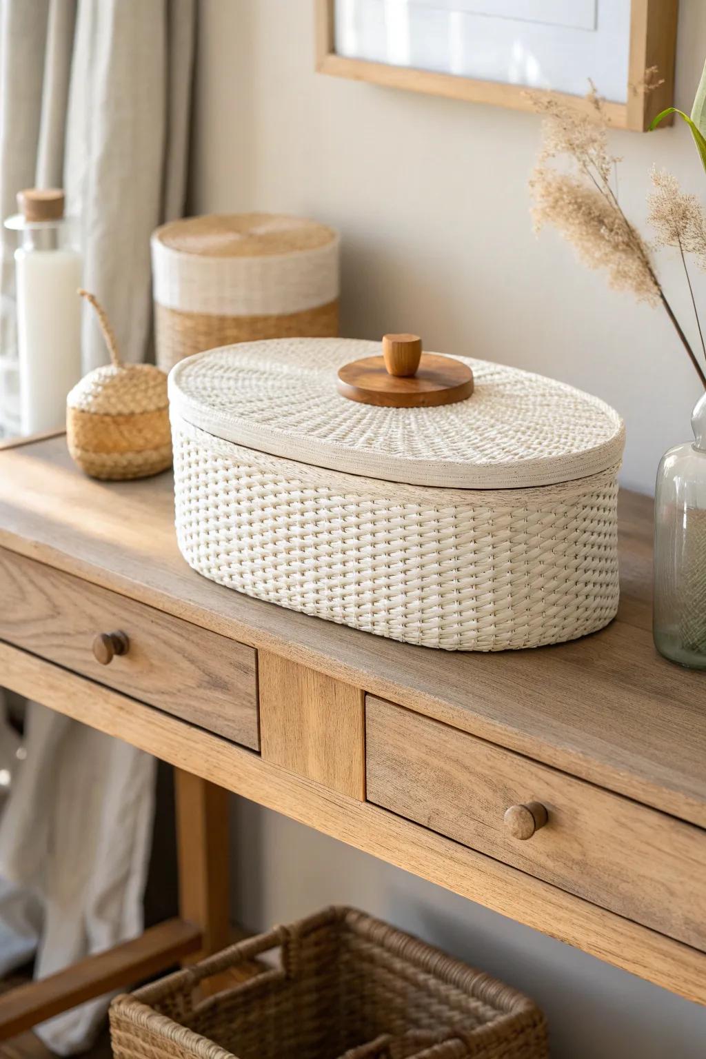 A pretty lidded box keeps entryway clutter hidden—calm, chic, and effortlessly tidy.