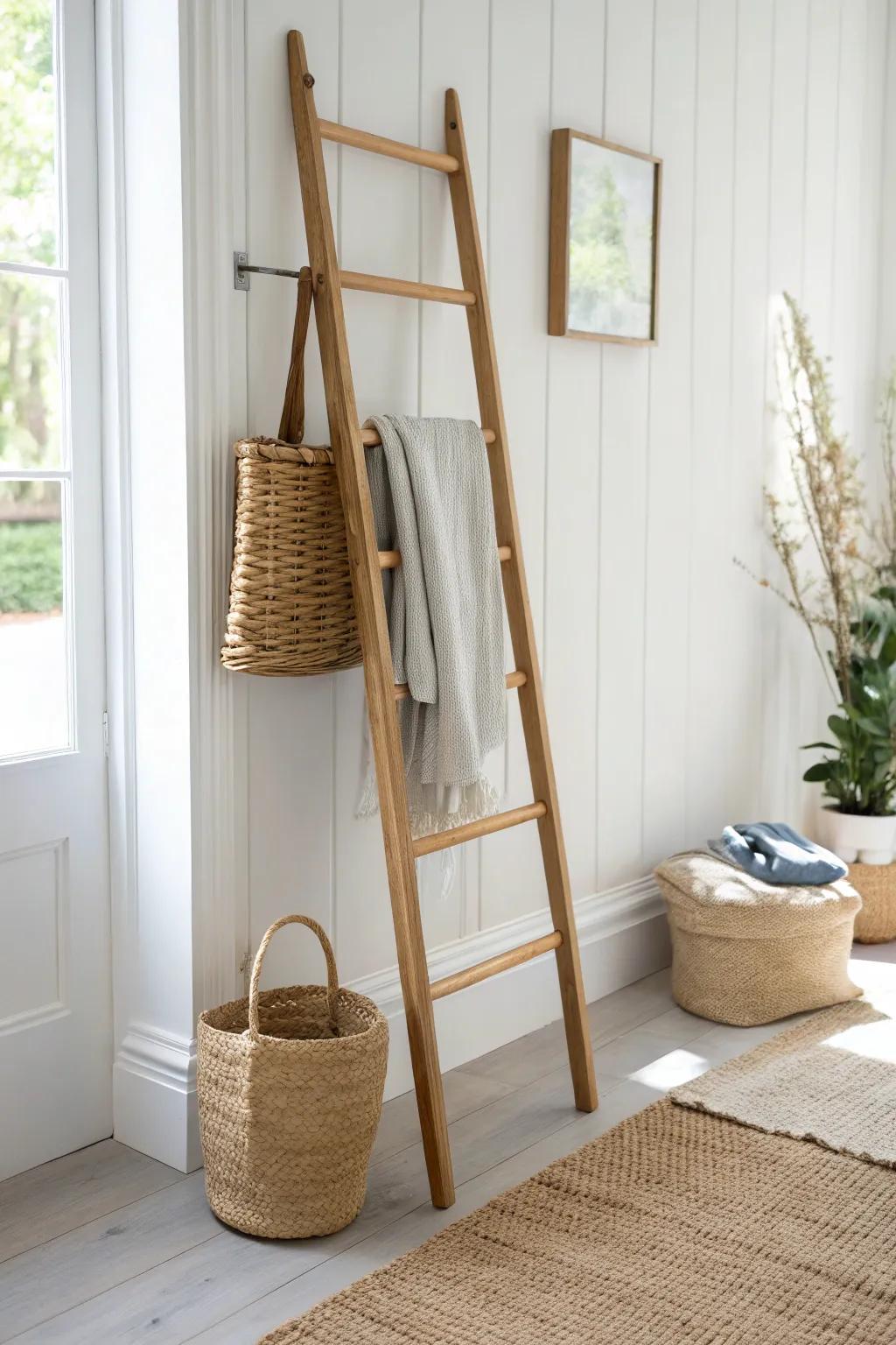 A ladder-style rack turns a tight entryway corner into calm, beautiful storage.