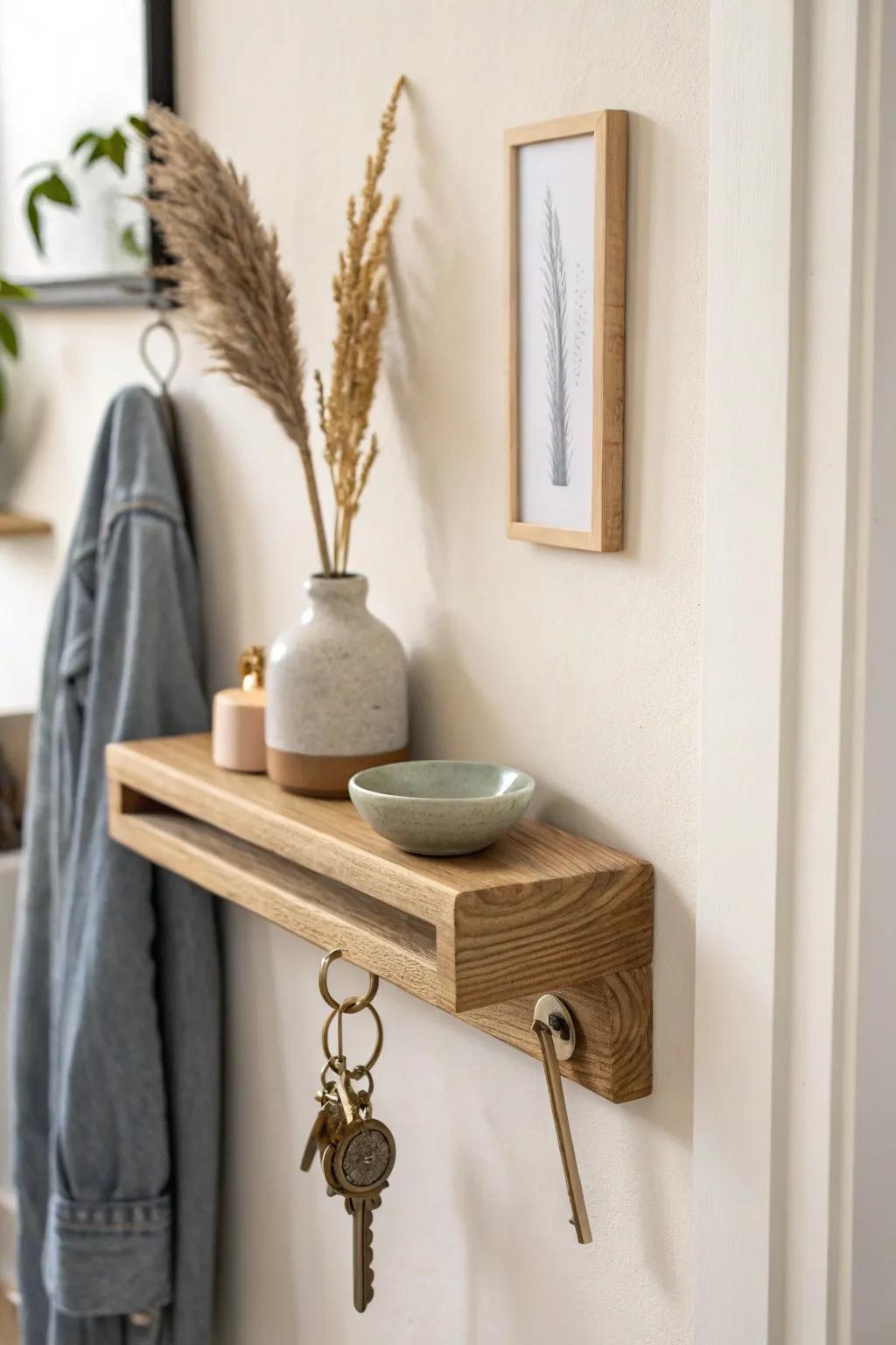 A tiny floating shelf + key dish keeps even the smallest hallway calm and clutter-free.