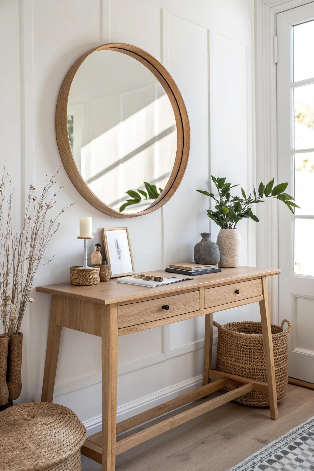 Hang a round mirror over a tiny entryway desk to bounce light and make the nook feel larger.