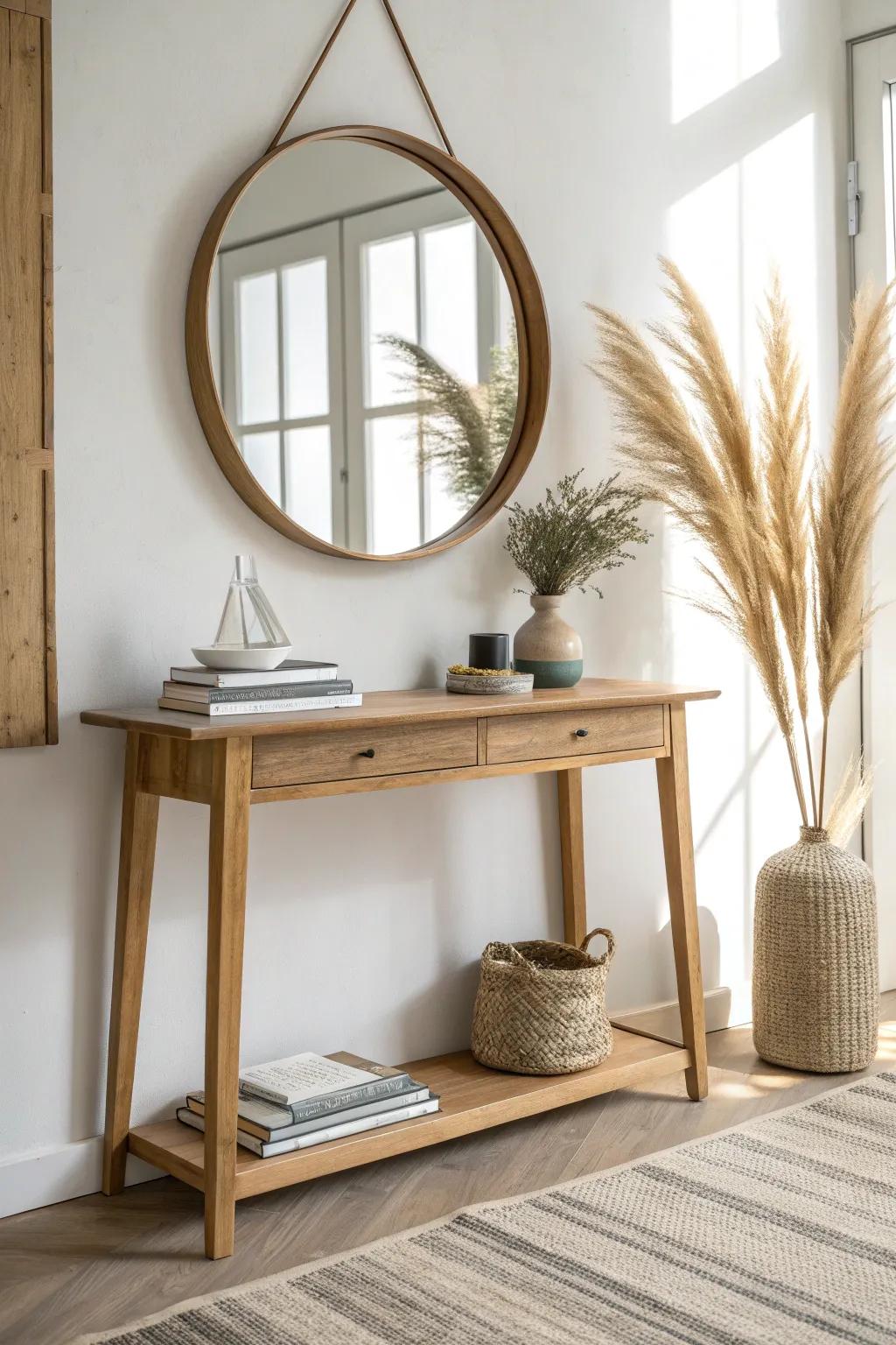 Off-center mirror, perfectly balanced styling—an effortless entryway layout that looks high-end.