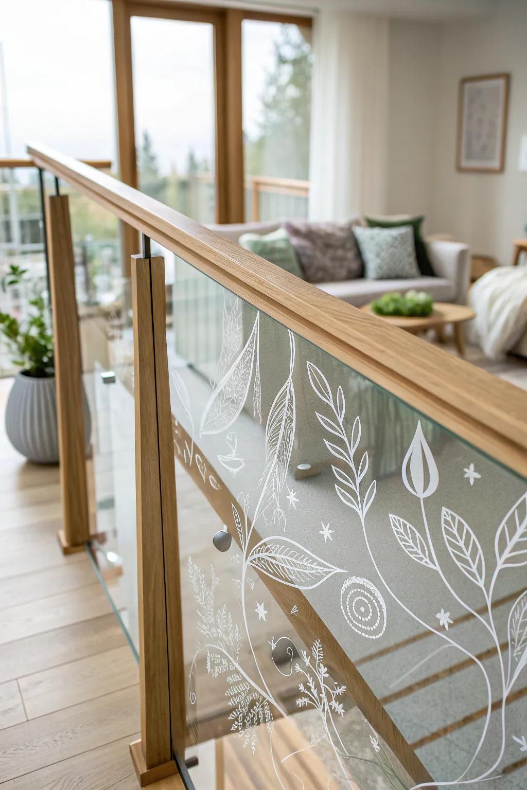 Transform your space with the elegance of etched glass railings—where modern design meets natural beauty.