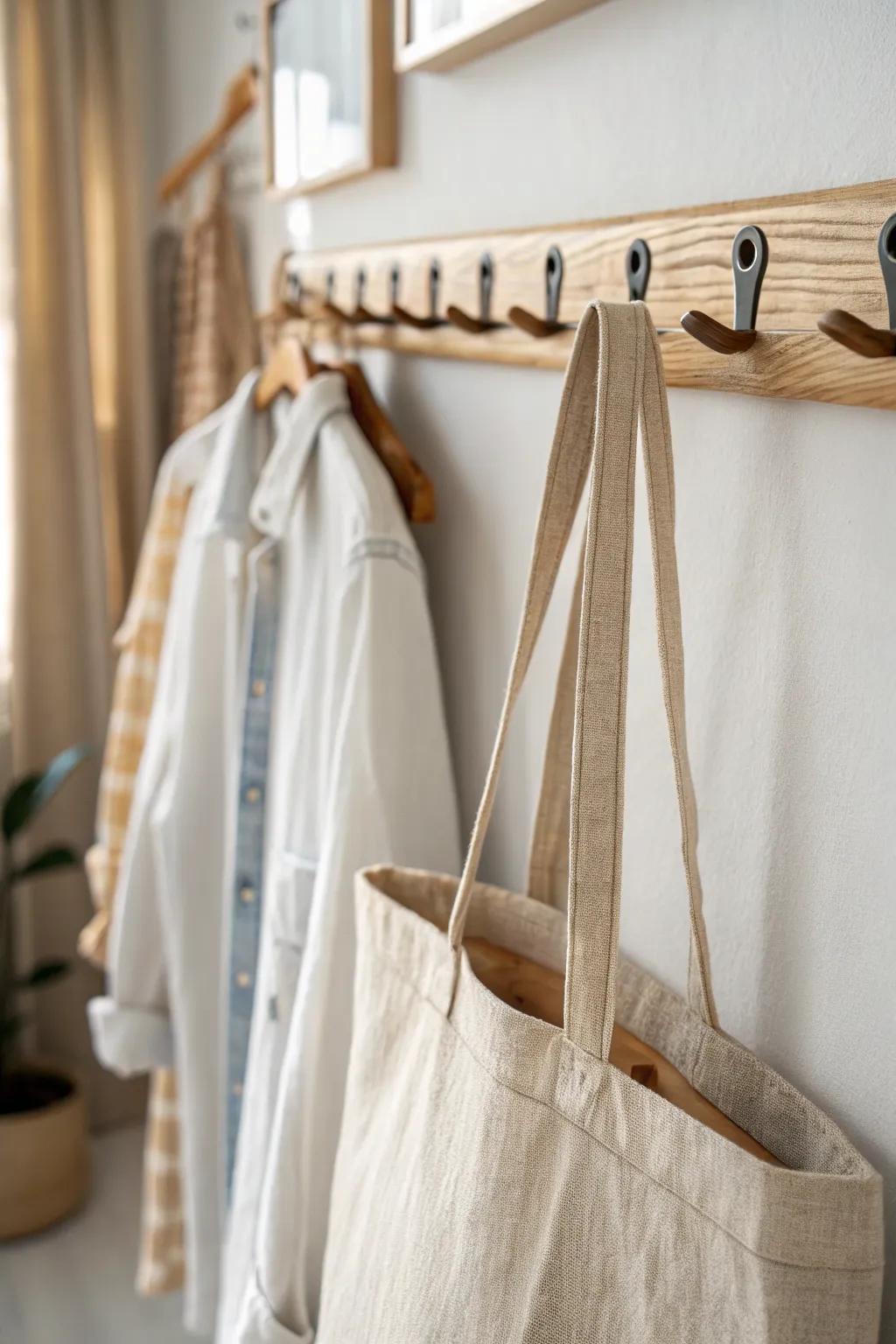 A simple oak peg rail keeps bags and tomorrow’s layers off chairs—pretty and practical.