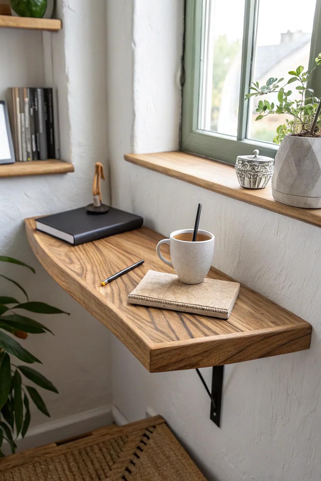 A floating corner desk shelf creates an airy work nook without crowding a tiny living room.