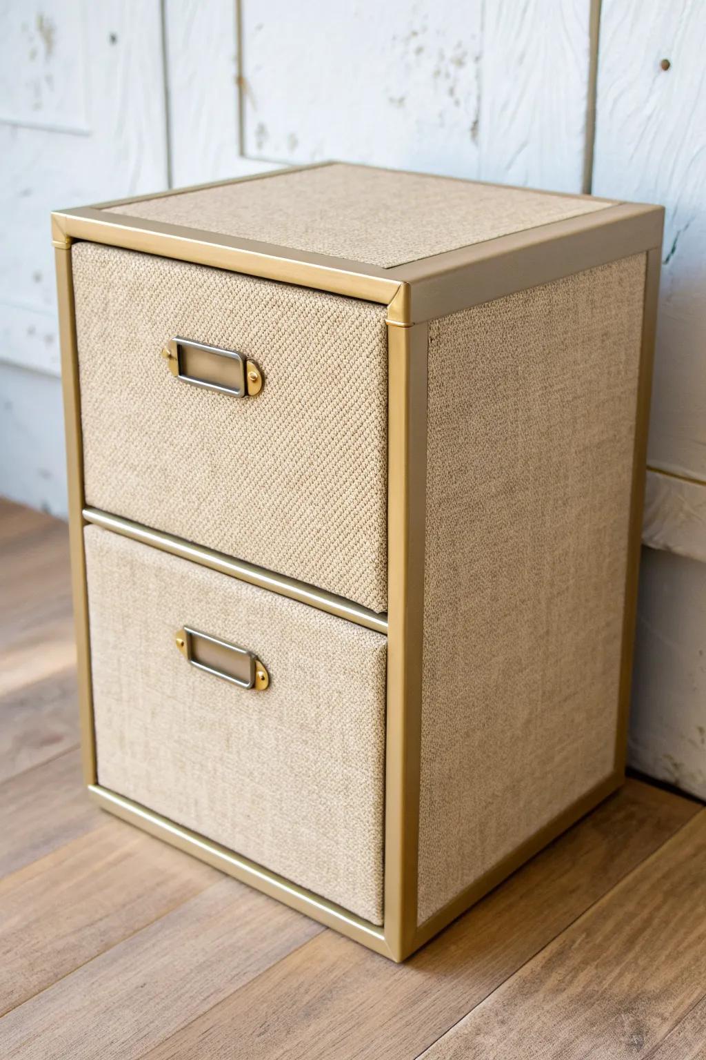 Soften a metal file cabinet with linen-look fabric panels sealed under a wipeable clear coat.