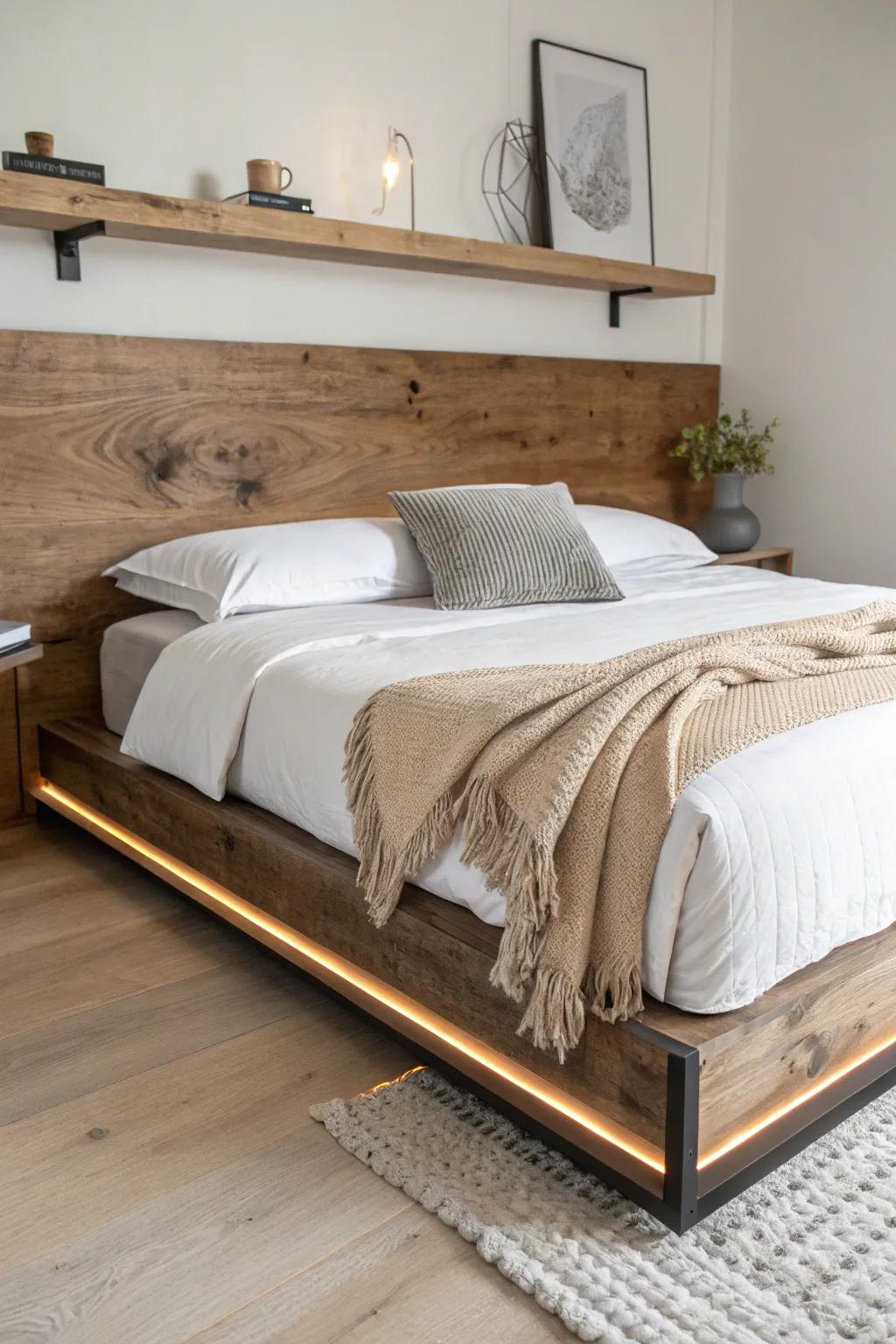 Rustic oak headboard + sleek floating base: cozy warmth with a clean minimalist lift.