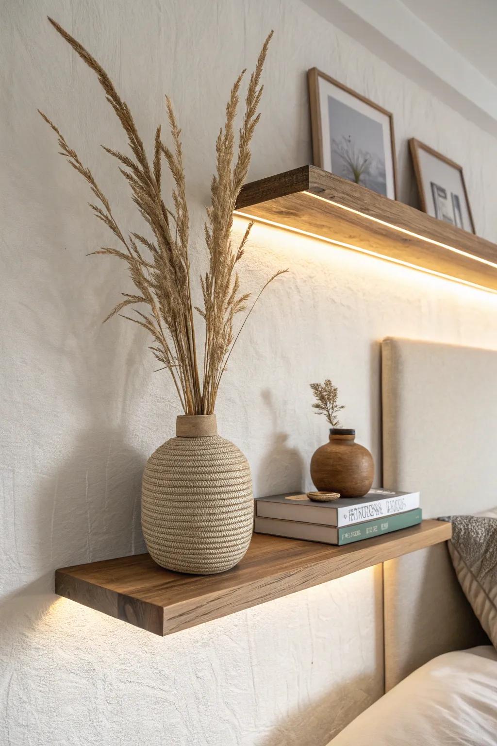 Hidden uplighting atop a floating shelf makes the ceiling glow and the room feel taller.