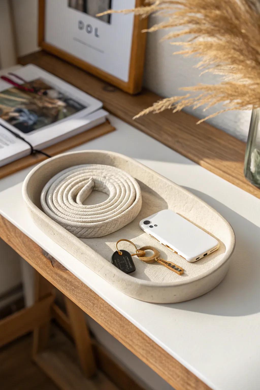 A “life shelf” drop‑zone: one tray on a floating shelf keeps desk essentials beautifully contained.