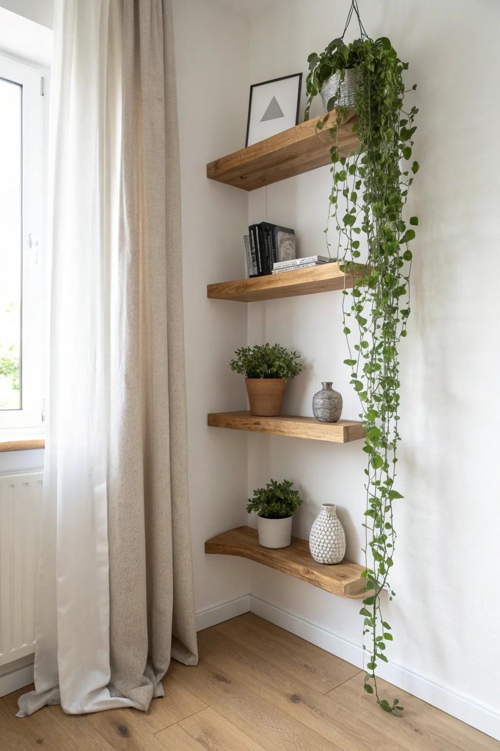 Turn that dead corner into a calm plant nook with handcrafted oak corner floating shelves.