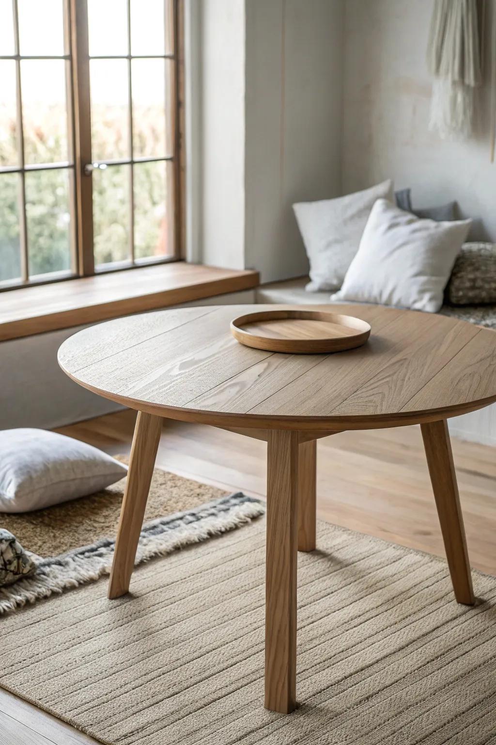 Handcrafted low table with floor cushions—an intimate dining nook that fits even the smallest room.