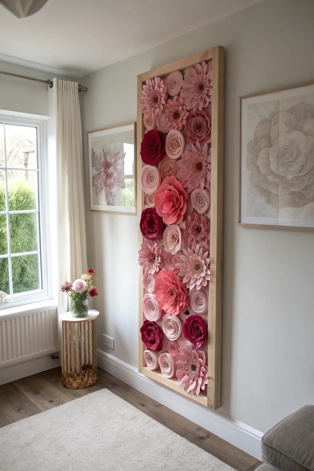 Bold blush monochrome flower wall—an instant editorial statement for small, simple spaces.