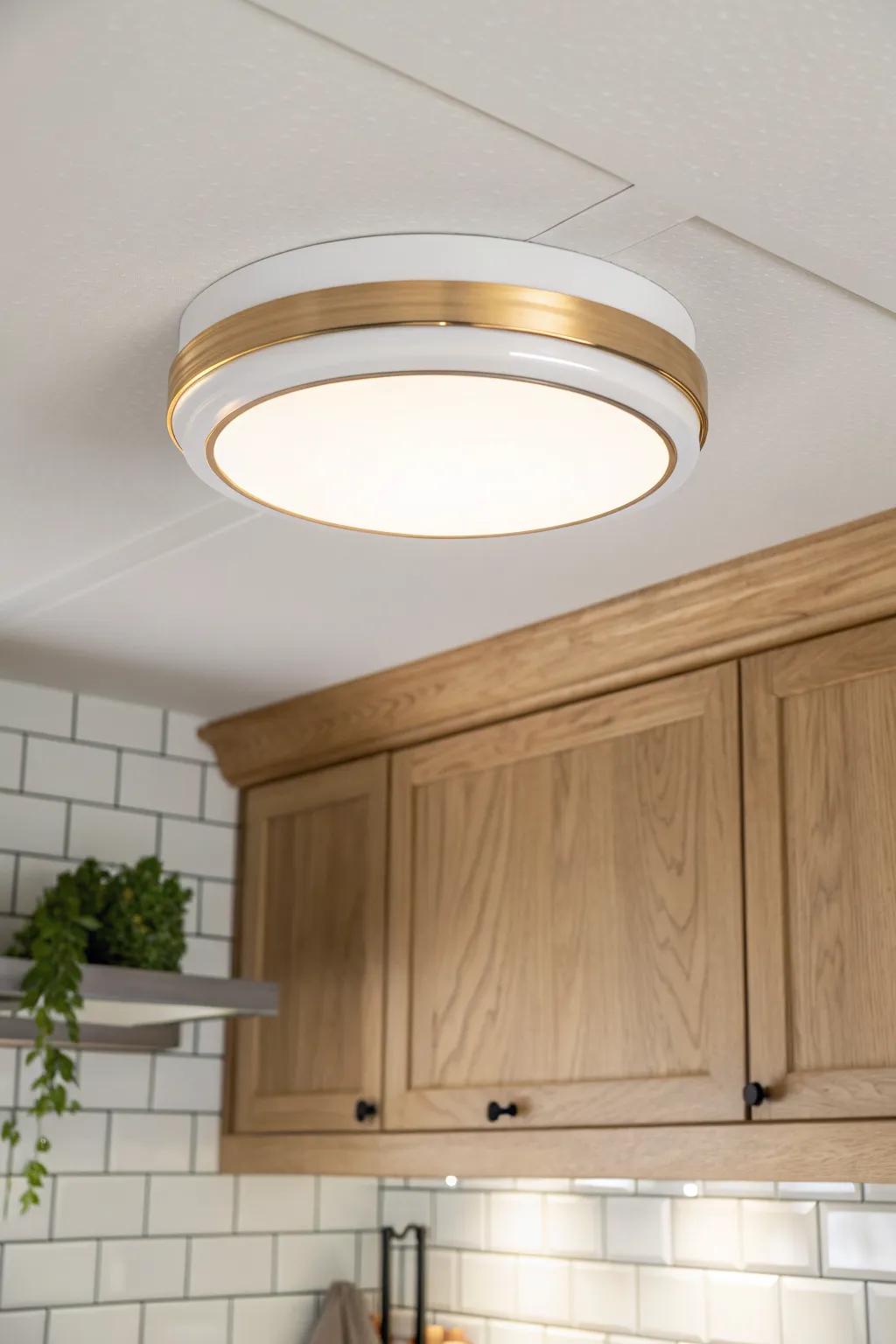 Slim LED flush mount keeps a small kitchen airy—bright, glare-free light with zero clutter.