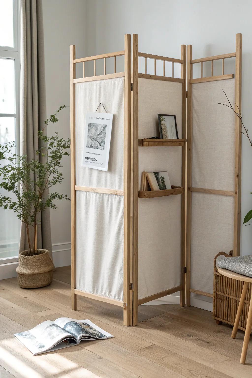 A foldable divider with pockets hides clutter and adds chic, calming storage in tiny rooms.