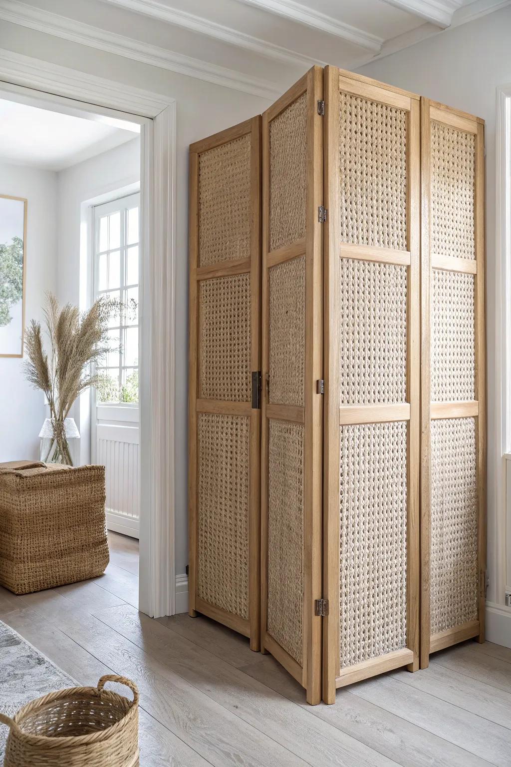 Cane inserts make folding doors feel lighter—airy texture that still hides storage.