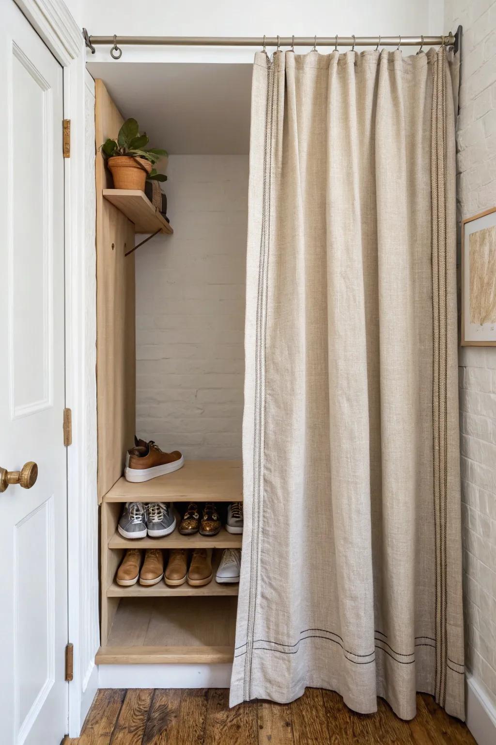 A linen curtain hides a slim shoe nook—calm, cozy front-door storage for small spaces.