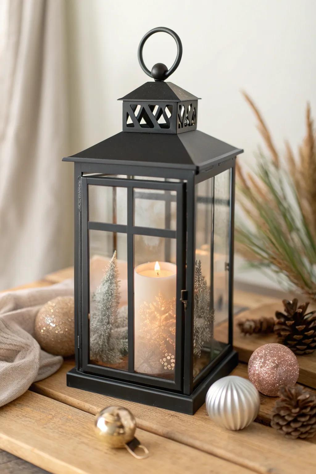 Fill a porch lantern with shatterproof ornaments around a candle for instant holiday sparkle.