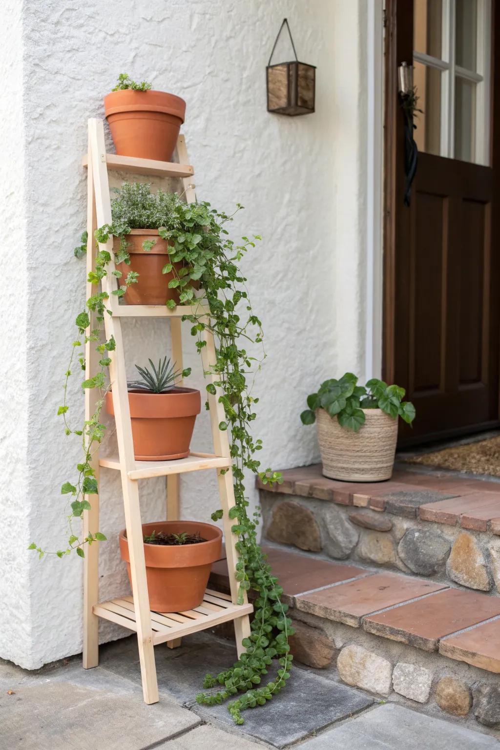 Stack greenery upward—one slim corner plant stand makes a tiny stoop feel lush.