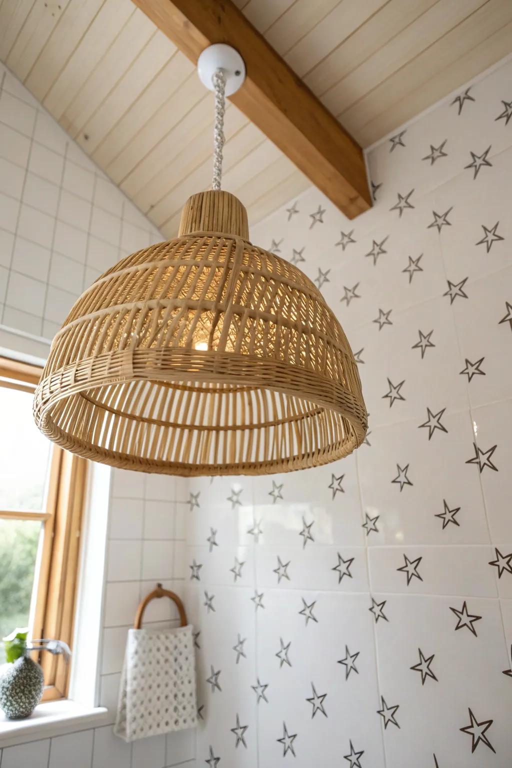 A simple repeat pattern on the ceiling adds drama and makes a small bathroom feel designer-cool.