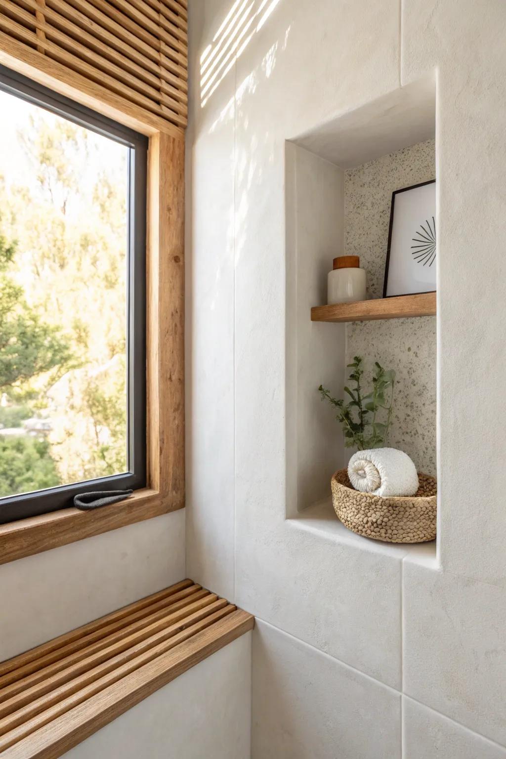 Streamline a galley shower with a recessed niche—no bulky caddies, just clean calm storage.