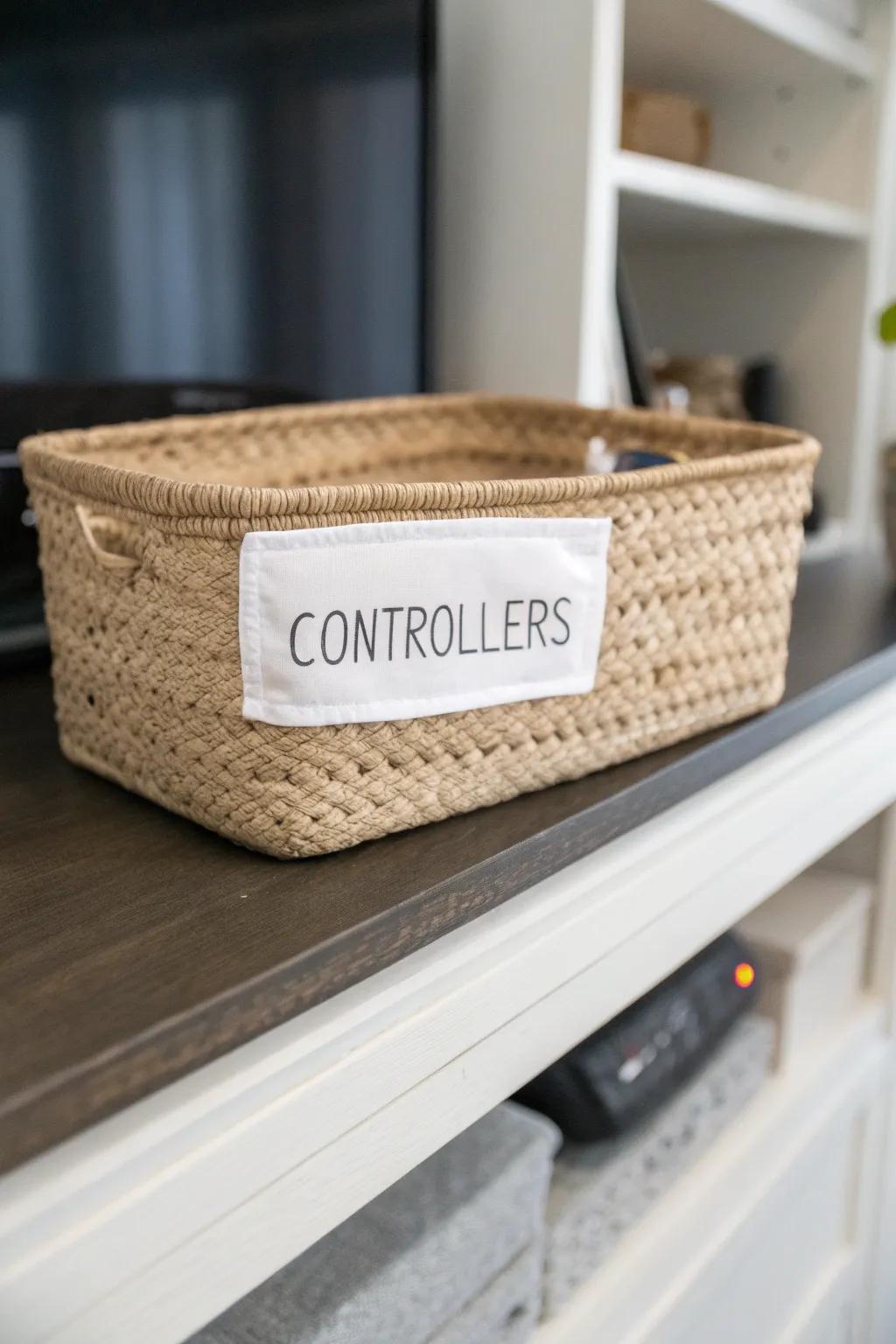 Turn a closet shelf into a console garage—shallow labeled bins keep cords and controllers tidy.