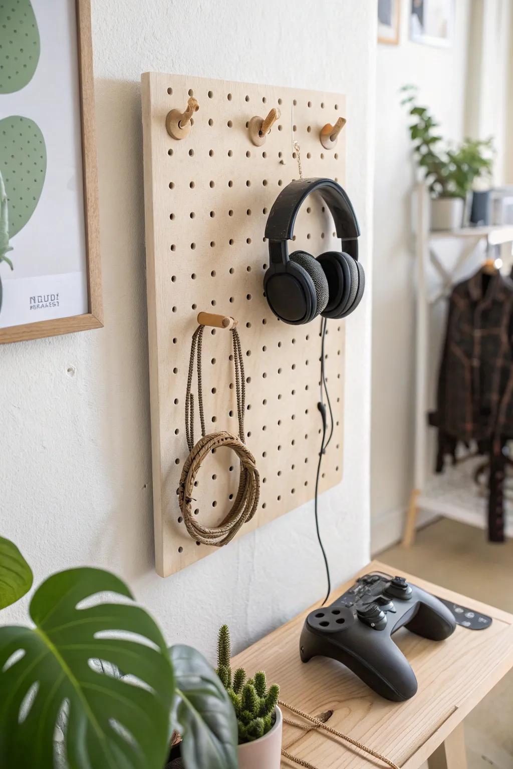 A minimalist pegboard station keeps controllers, cables, and headphones beautifully in place.