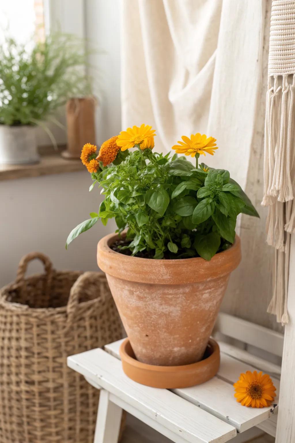 A single pot of herbs and marigolds adds pest-fighting color to a tiny balcony garden.