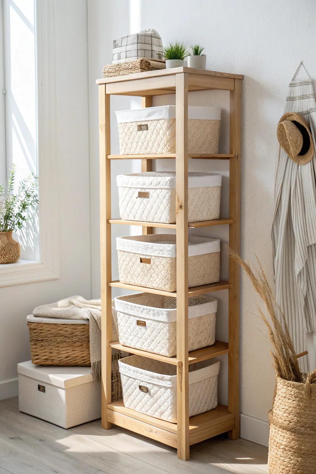 Claim the top shelf for off-season bins—floor-to-ceiling storage that feels calm and spacious.