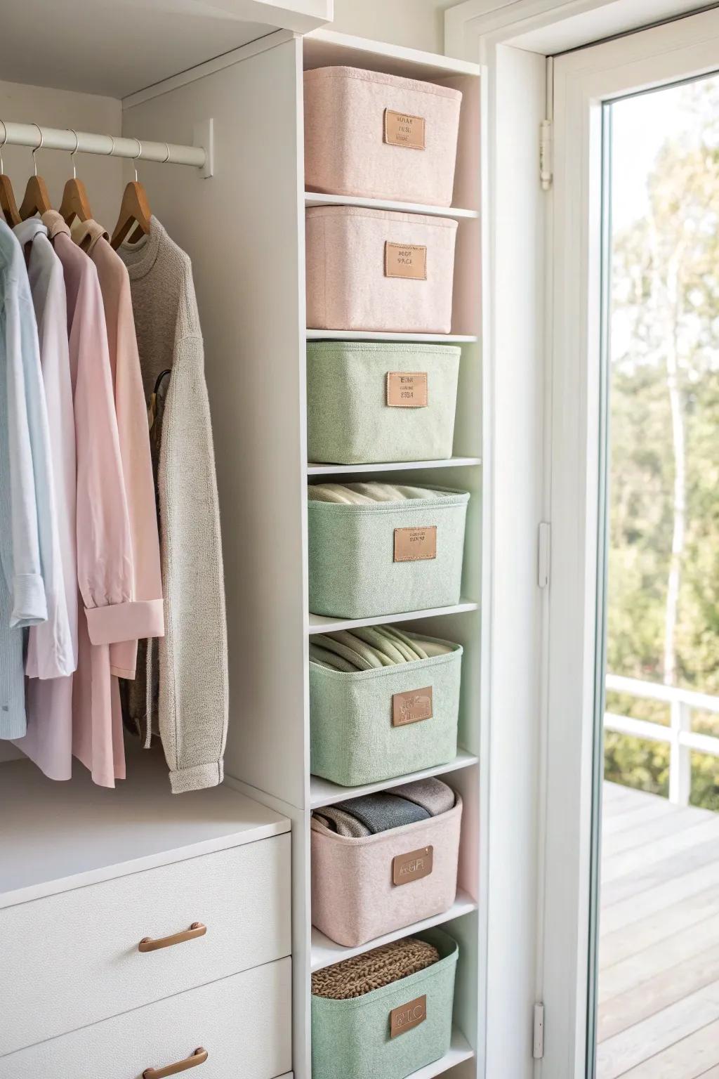 Split one closet into two calm zones—matching labeled bins make mornings effortless.