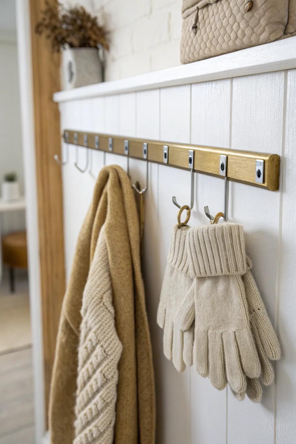 A magnetic strip turns metal-clipped gloves into a tidy, gallery-like row by the entry.