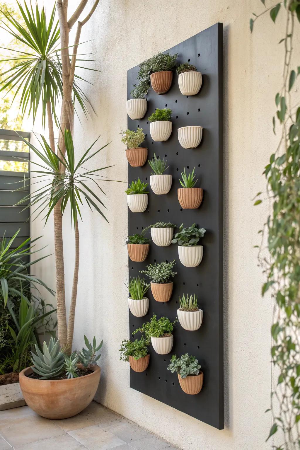 Magnetic planters on a sleek metal panel—an editable green wall you can refresh in seconds.