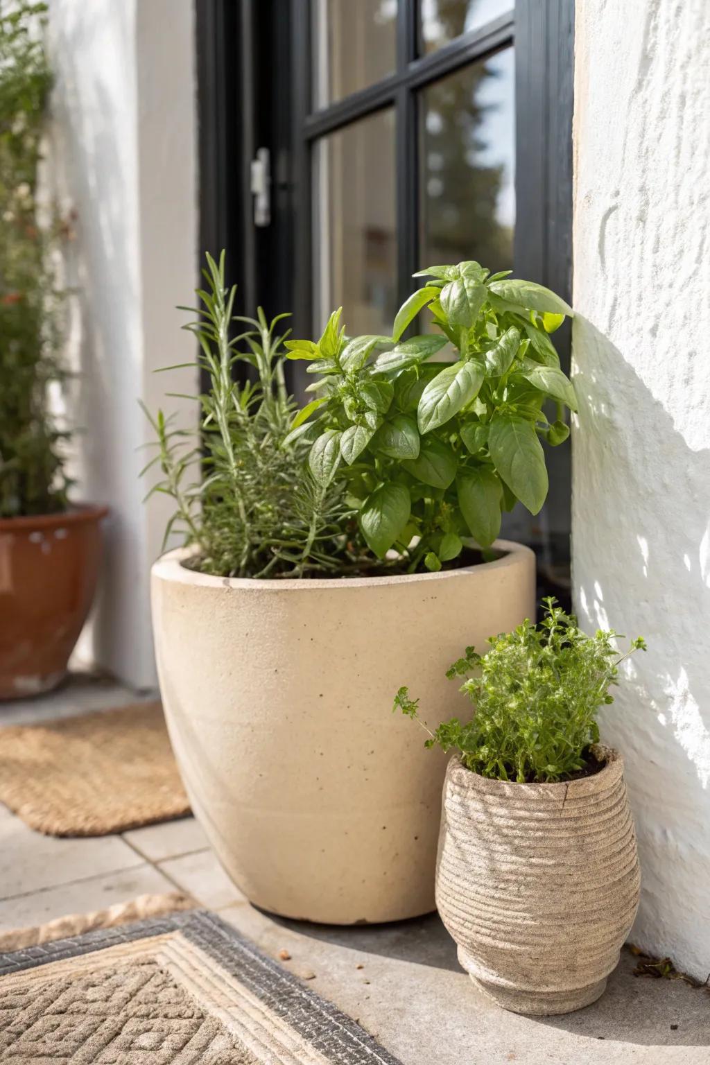 Fresh dinner herbs at arm’s reach—one beautiful planter tucked beside the kitchen door.