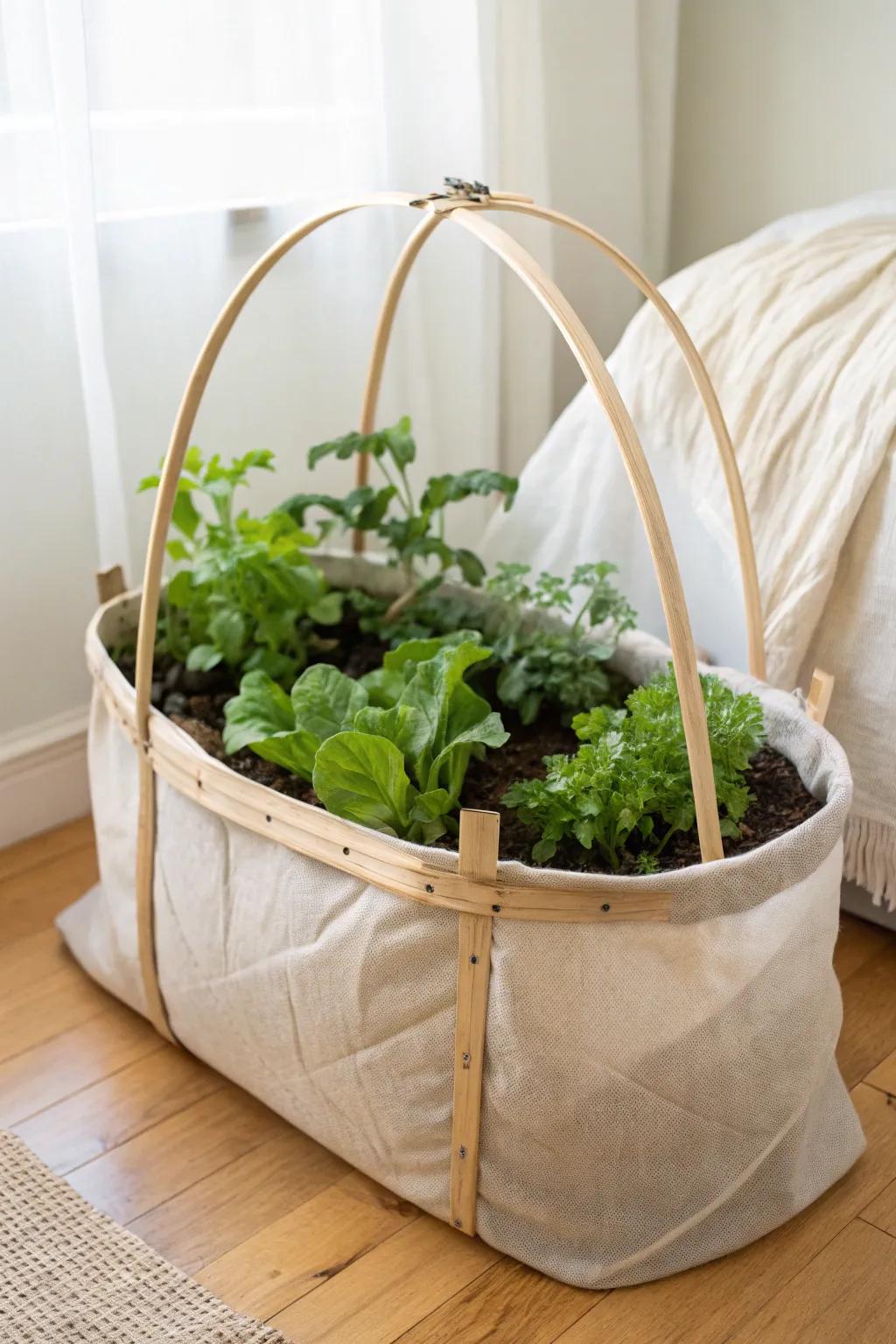 DIY hoop-and-mesh mini tunnel on a grow bag—cute, compact protection for leafy greens.