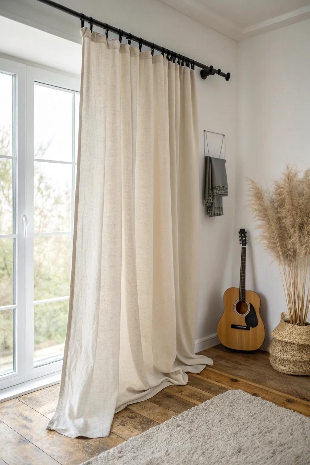 A linen curtain hides a renter-friendly guitar wall—instant minimal look with soft, sunny protection.