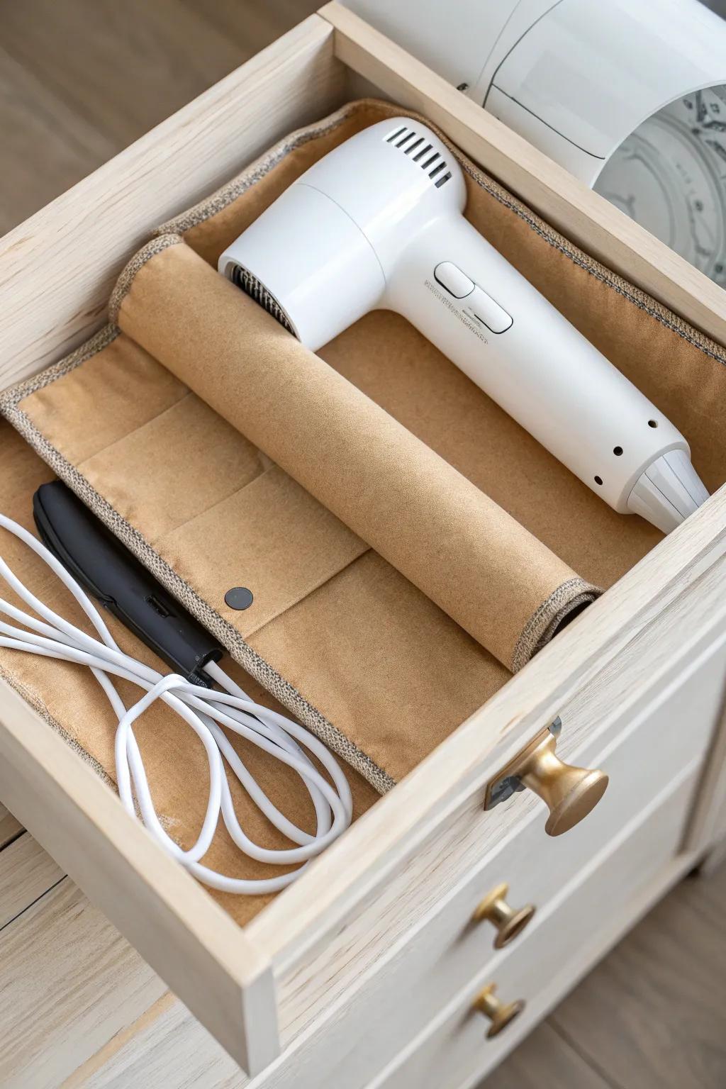 DIY tube holster keeps your hair dryer upright, protected, and cord-free in a small drawer.